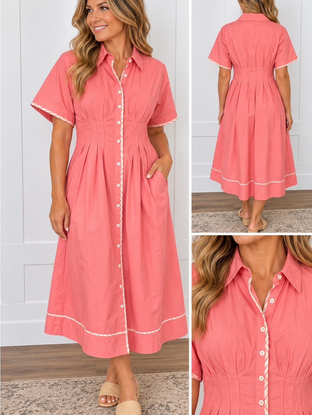 She + Sky Coral Midi Shirt Dress with White Trim